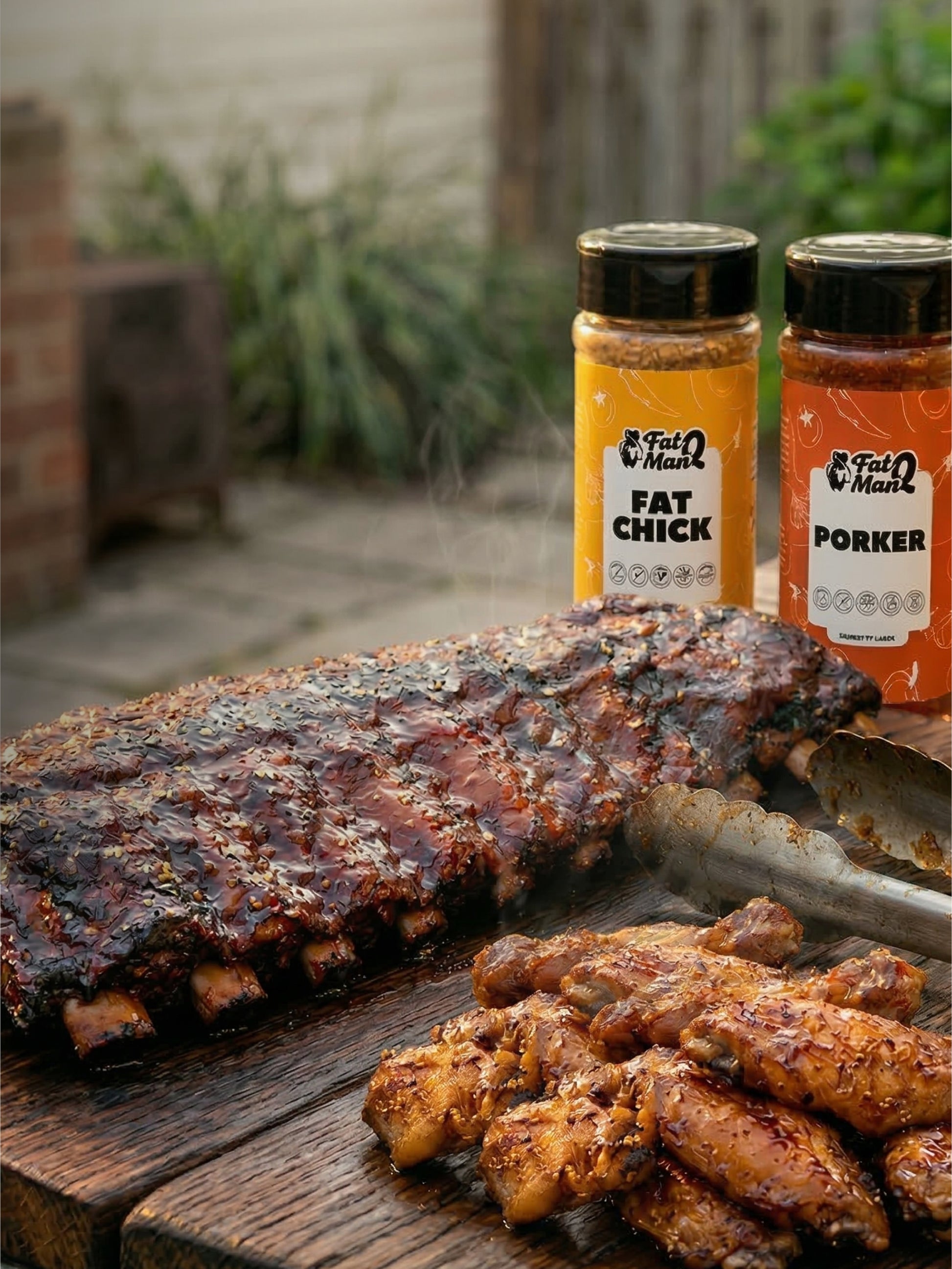 Grilled ribs and wings with 'Fat Chick' and 'Porker' seasoning bottles on a wooden surface outdoors.